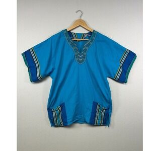 Boho Ethnic Image Womens Medium Blue Embroidered Cotton V-Neck Dashiki Tunic Top